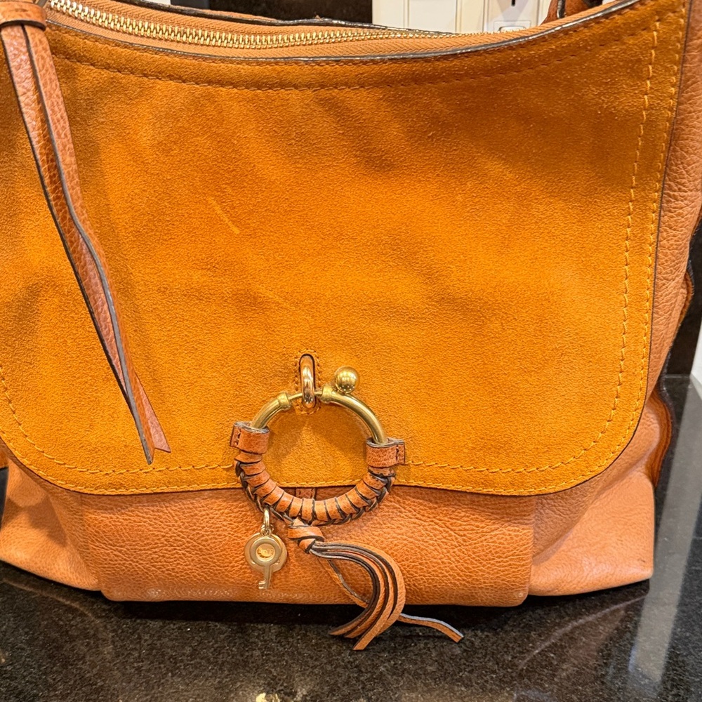 Chloe Two-Tone Brown & Tan Suede and Leather Shoulder Bag with Gold Ring
